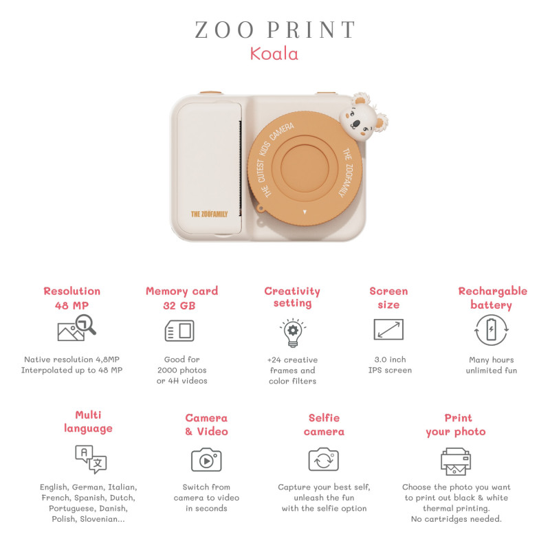 The Zoofamily Print aparat foto digital pentru copii Koala