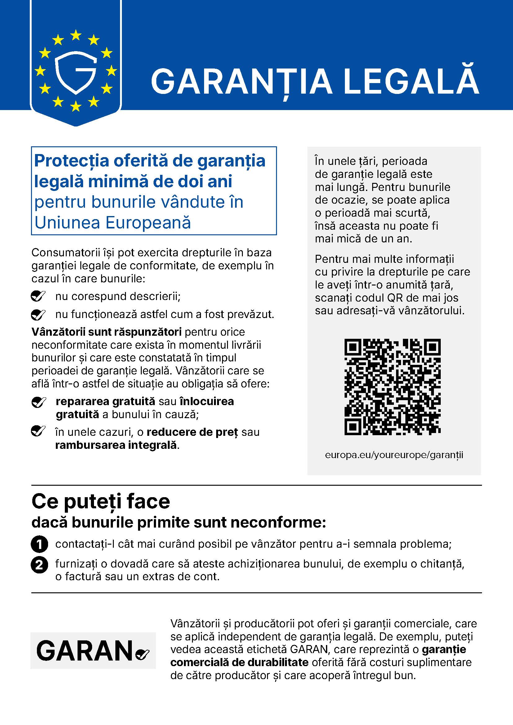 Informații despre garanția legală în Uniunea Europeană